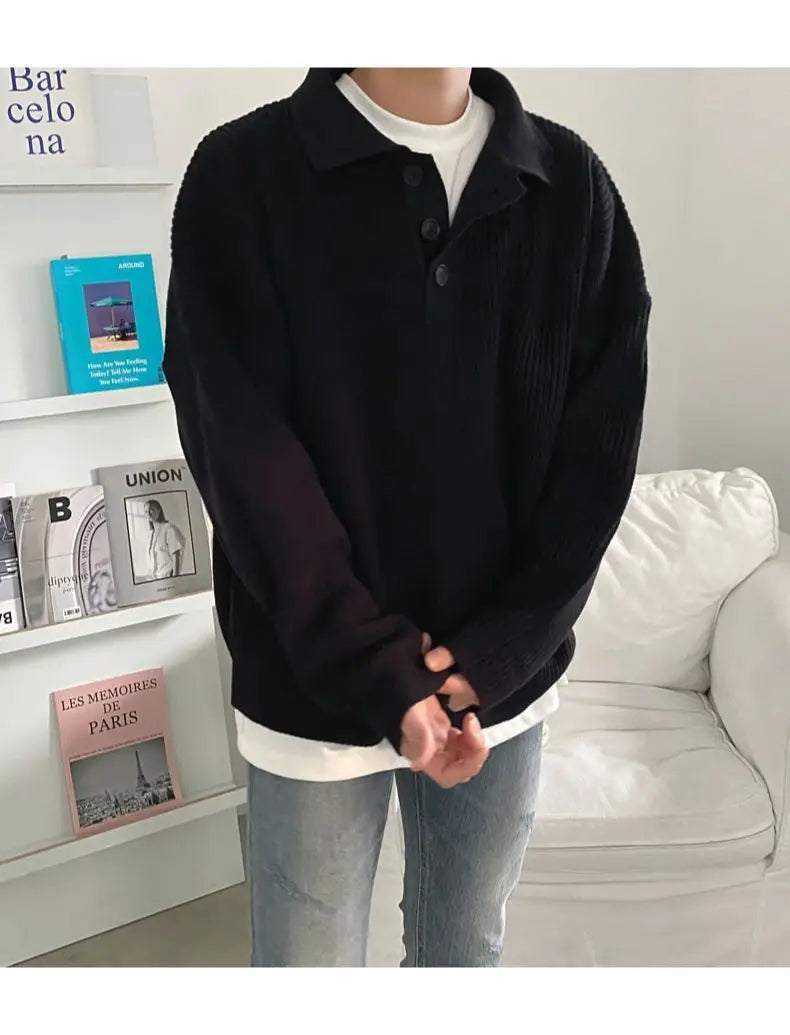 saferido Spring Autumn Fashion Men's Cool Boys Casual Loose Lapel Tess Knitted Pullover Polot Hoodie Sweater Soft Buckle Warm