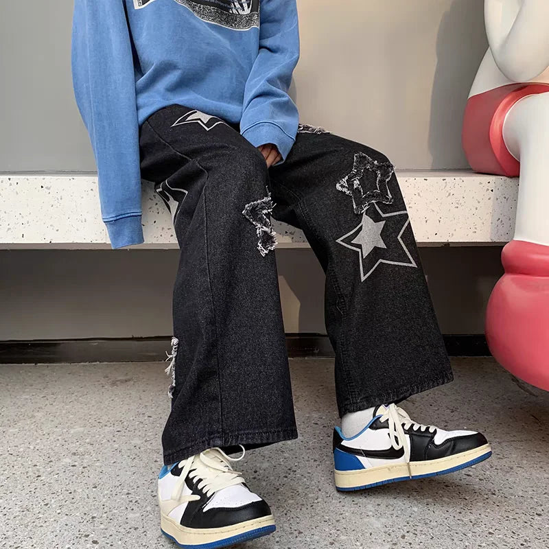 saferido Men Jeans Stars 2024 New Spring Vintage Y2K Simple Casual Loose Fashion Straight Wide Leg Oversize Pants Male Hip Hop Trousers