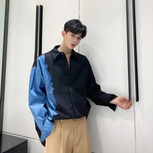 saferido Spring Autumn Korean retro denim stitching shirt men's Korean loose casual design Fashion Show Punk Rock Style Dress Shirts