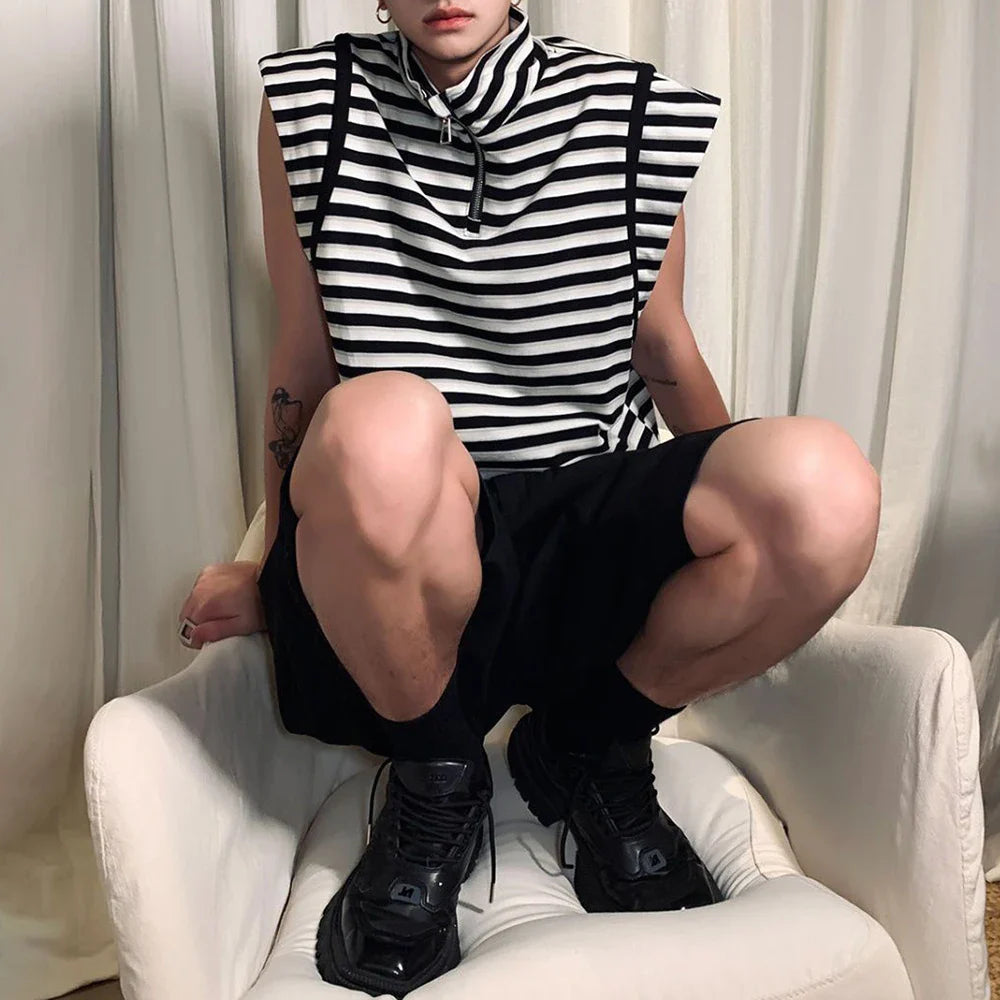 saferido Mens Japanese Striped Casual Vest 2024 New Genderless Fashion Youth Trend Versatile High Collar Sleeveless Tank Top Unisex