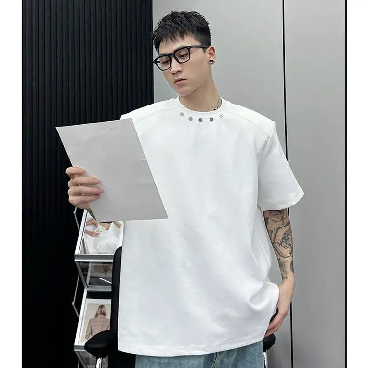 Heavy High-end Niche Short Sleeve T Shirts for Men Summer Loose Ins Design Solid Color Rivet Round Neck T-shirt Streetwear