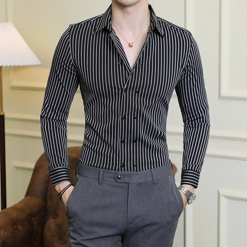 Men Double Breasted Striped Shirt Spring New Party Evening Dress Formal Shirt Long Sleeved Fashionable Casual Men Clothing