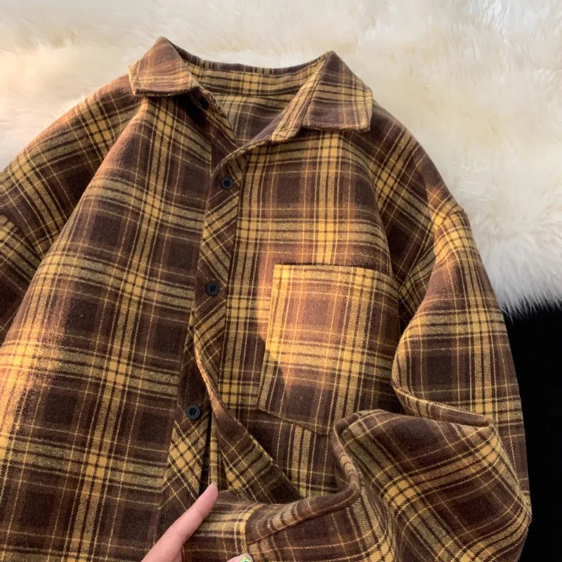 saferido Retro Plaid Long Sleeve Shirt Men Spring Fall Loose Shirt Turn-down Collar Blouse Hip Hop Streetwear Male Shirts