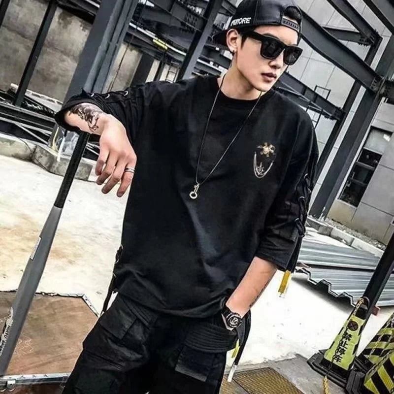 saferido Techwear Fashion Printing Anime Men Lace Up T Shirt Streetwear Summer Hip Hop Punk Male Clothing Harajuku Casual Sport T-Shirt
