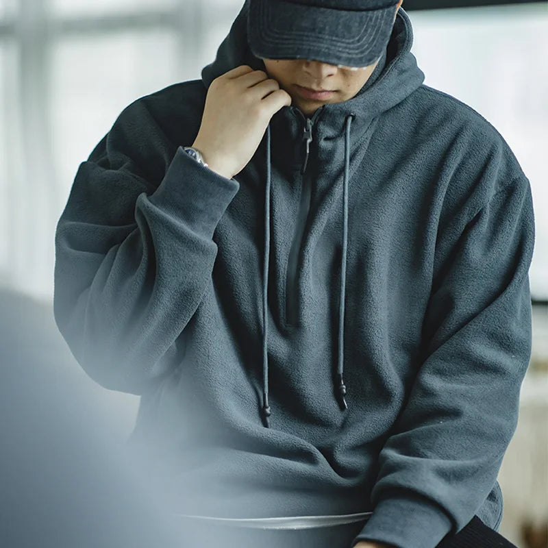 saferido Autumn Vintage Half Zip Fleece Hoodie Men's Dark Grey Warm Padded Sweatshirt Amekaji Army Green Oversize Pullover