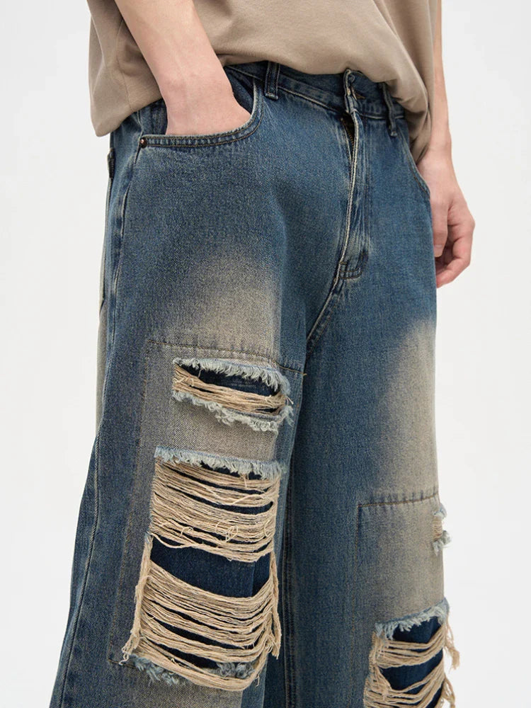 Jeans for Men Casual Straight Loose Summer Daily Hole Solid Color High Street Denim Trousers Breathable Trendy All-match Unisex