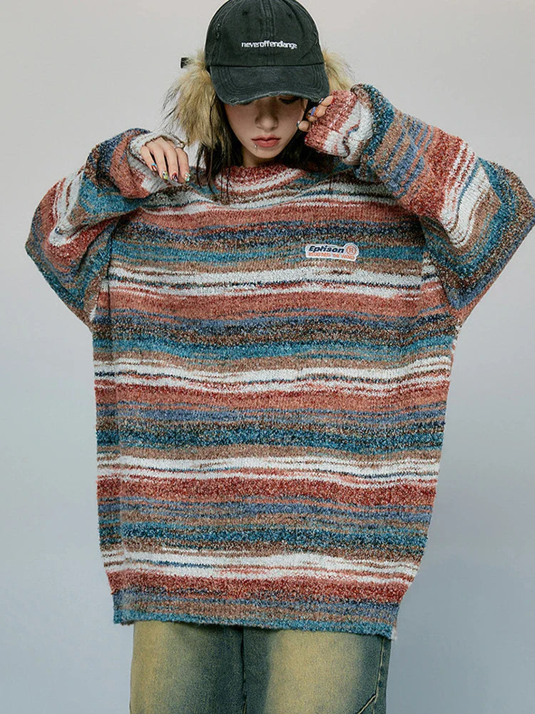saferido Striped Knitted Sweater Coat Men Japanese Y2K Oversize Casual Autumn Winter Loose O-neck Pullovers for Man Streetwear