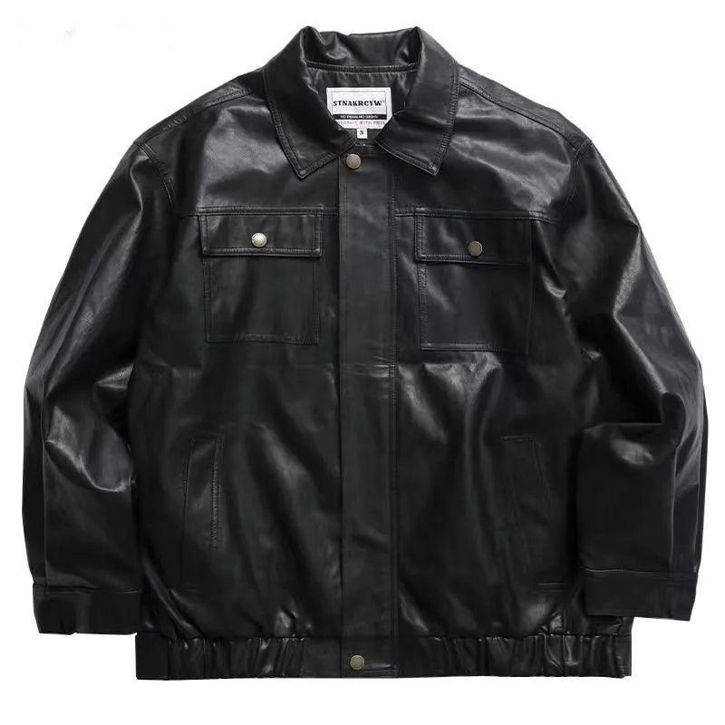 saferido Oversized Men's Leather Jackets Black VIntage PU Biker Coat Faux Leather Bomber Jacket Punk Big Pockets Windbreaker Overcoat