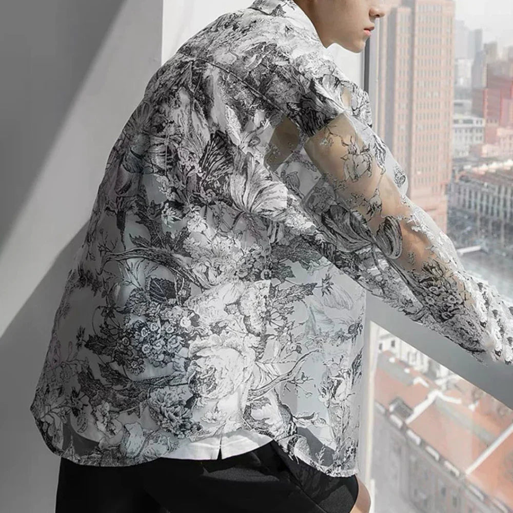 saferido Shirts Men Fashion Mesh Floral Shirt Harajuku Gothic Top Long Sleeve Korean Loose Street Sun-proof Summer Holiday Casual Clothes