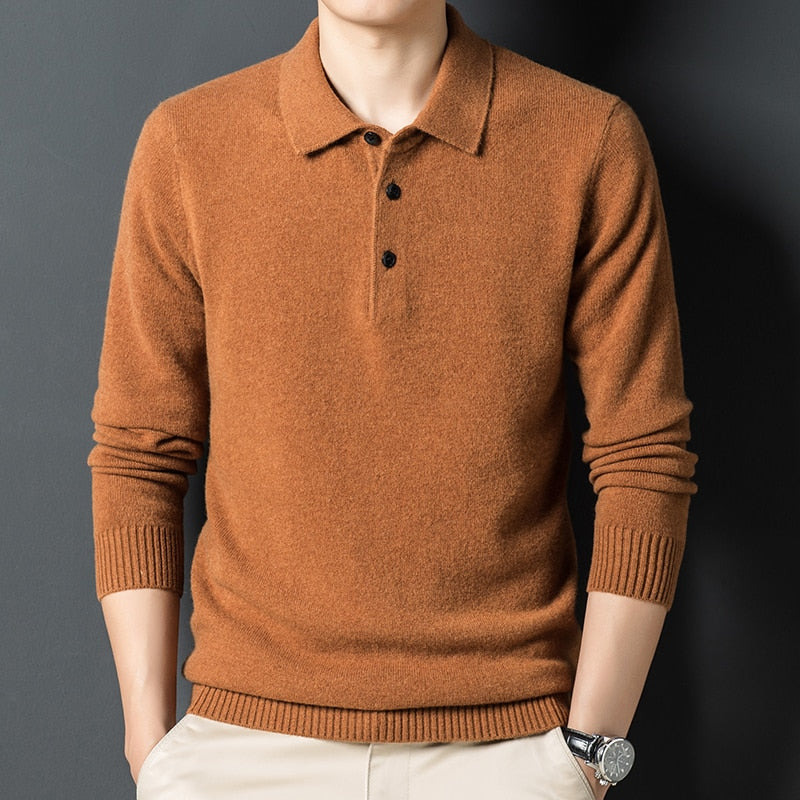 Cashmere sweater men's Polo neck 100% pure wool sweater solid color sweater backing sweater