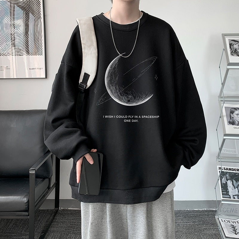 Winter Warm Sweatshirts New Men Simple Stroke Moon Graphic Pullovers Oversized Korean Style Man Letter Print O Neck Tops