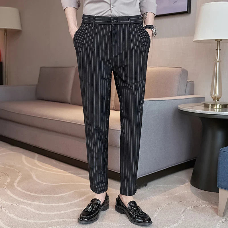 saferido British Style Men Business Stripe Dress Pants Men Belt Design Slim Trousers Formal Office Social Wedding Party Dress Suit Pant