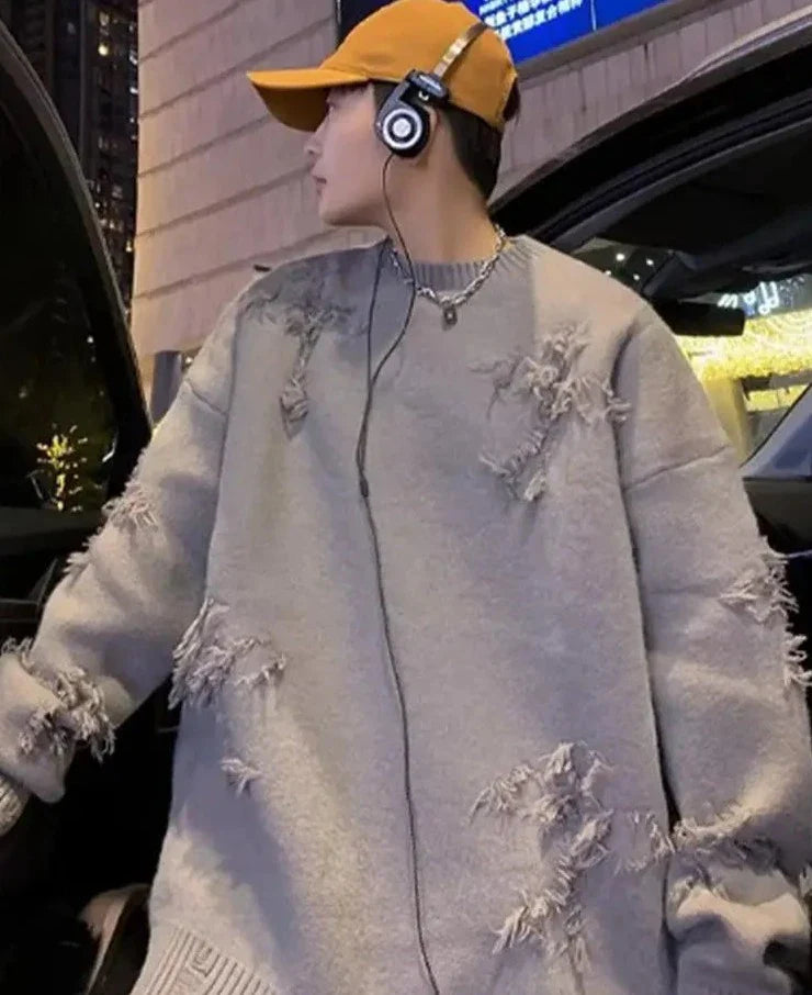 Solid Long Sleeve Hole Knitted Sweater Men Tassels O-neck Hooded Streetwear Man Autumn Winter Fashion New Men's Clothing