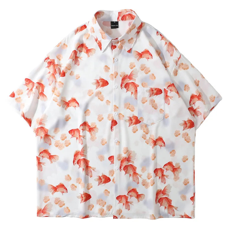 Goldfish Print Short Sleeve Loose Shirt Men Summer Y2K Streetwear Oversized Hawaiian Shirt Harajuku Casual Women Aloha Blouse