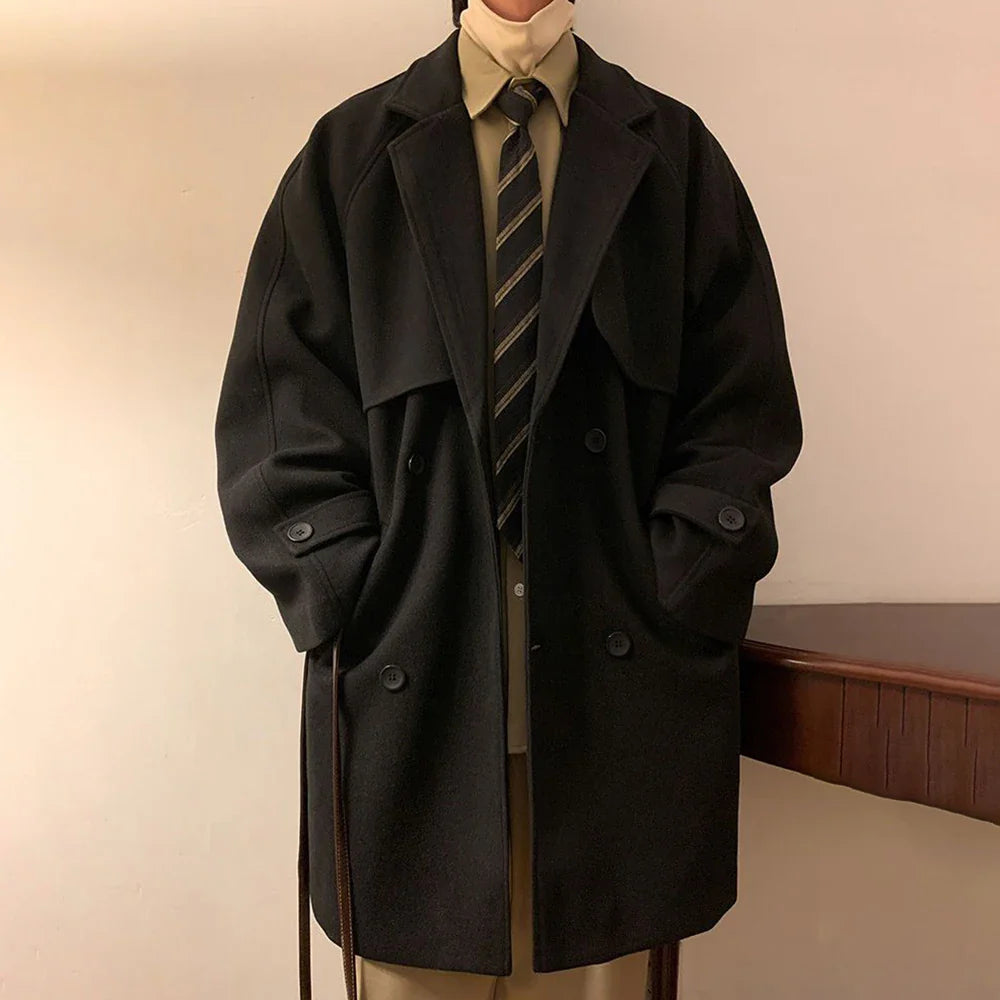 saferido Mens Gray German Woolen Coat Autumn Winter Mid-Length Thickened High-End Retro Elegant Handsome Comfortable Coat Oversize