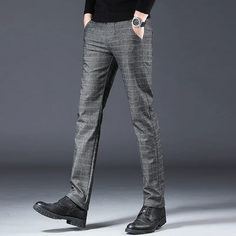 Men's New Designer Plaid Business Prom Work Stretch Trousers Male Vintage Soft Cotton Slim Fit Straight Leg Casual Long Pants