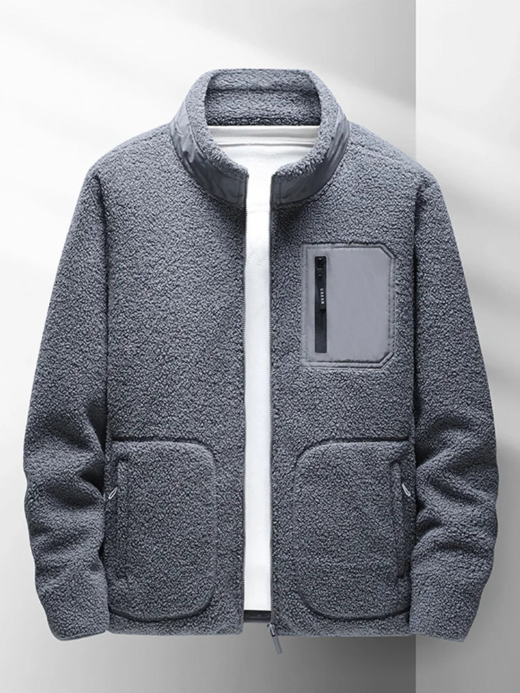 saferido New Men's Winter Jacket Korean Fashion Stand Collar Zip Pockets Thicken Fleece Lined Warm Coat