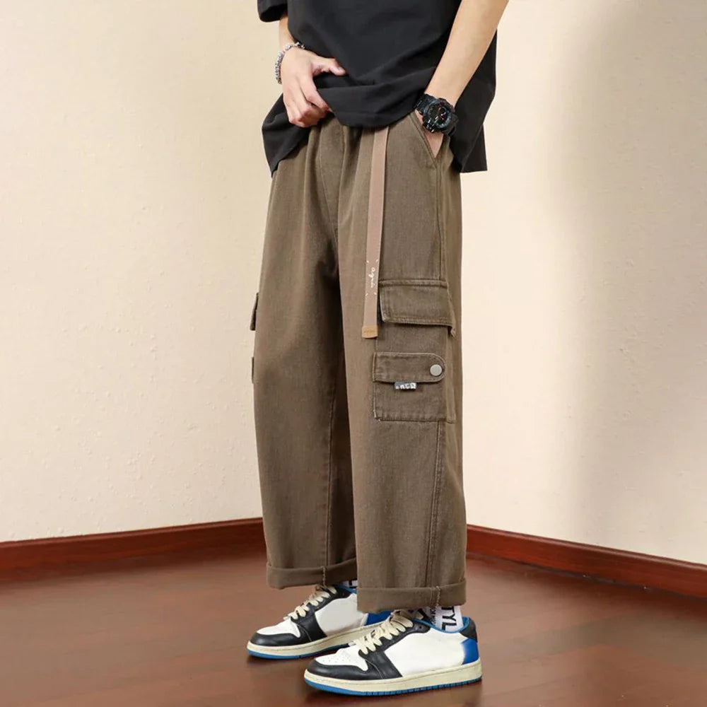 saferido Mens Casual Cargo Pants Hip-Hop Solid Color High Street Retro Loose Japanese Straight Pants Spring and Autumn New Style