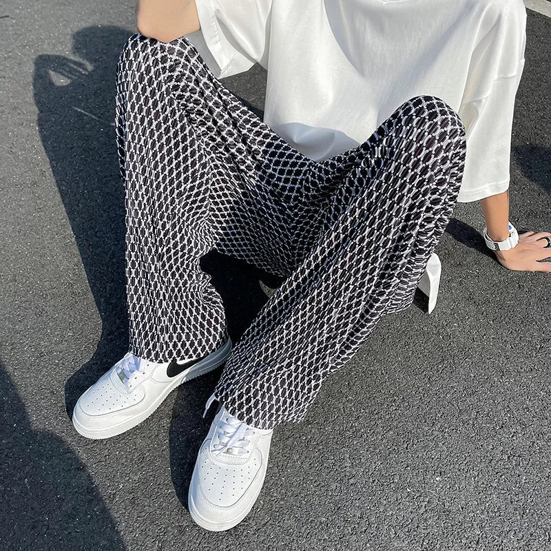 saferido Summer Ice Silk Pants Men Oversized Retro Plaid Pants Men Japanese Streetwear Loose Wide Leg Pants Mens Pleated Trousers M-5XL