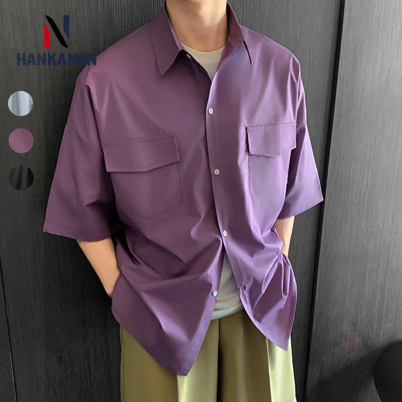 saferido Over Size Men's Short-Sleeve Shirt, Loose Casual Japanese and Korean Style Coat,Outdoor Camping Shirt