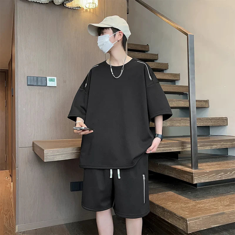 saferido Oversized Tracksuit Men New Korean High Street Fashion Zipper Design T-shirt Shorts Two Pieces Sets Mens Streetwear Men Clothes