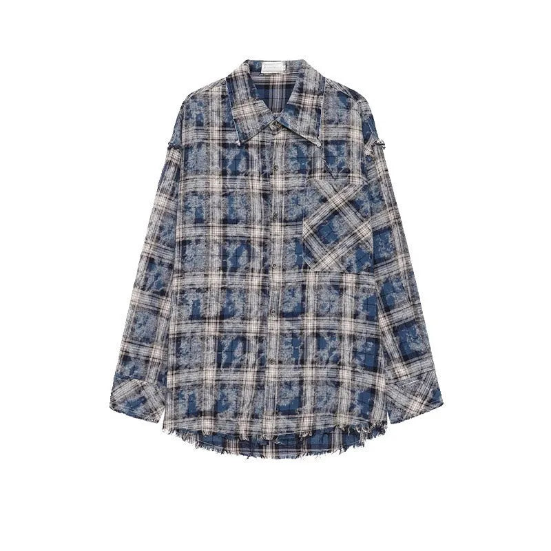 Autumn Men's Clothing Light Luxury Texture Plaid Shirts Korean Popular Vintage Long Sleeve Button-down Check Ripped Shirts