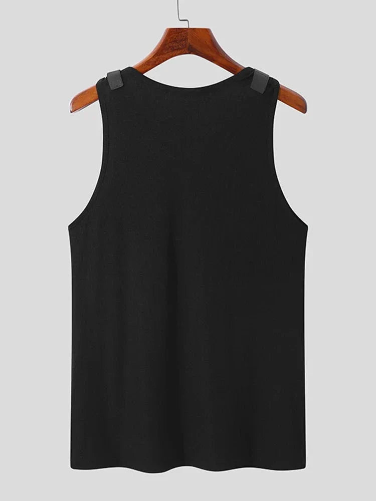 Men Tank Tops Solid Color PU Leather Button Sleeveless Streetwear O-neck Vests Summer Fashion Men Clothing S-5XL 7
