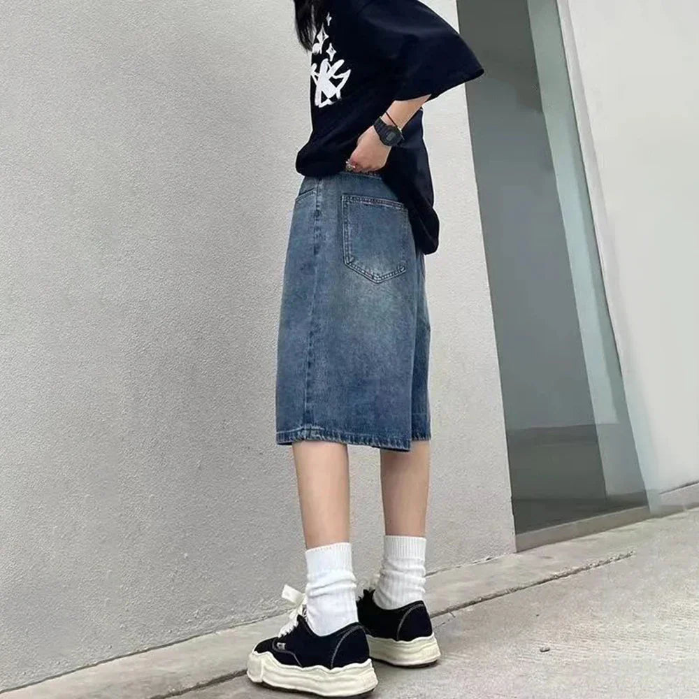 saferido Y2k Streetwear Sports Casual Jeans with Belt for Men Spring Summer New Genderless Fashion Loose Denim 5-point Pants Unisex