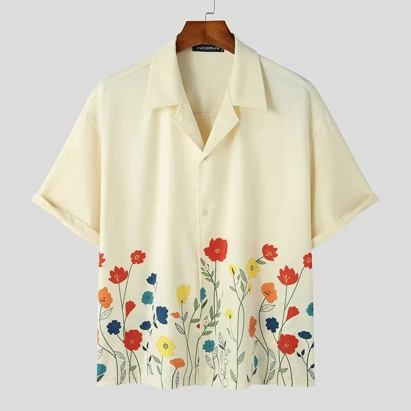 Men Shirt Flower Printing Lapel Short Sleeve Loose Men Clothing Streetwear Korean Style Summer Casual Shirts S-5XL INCERUN