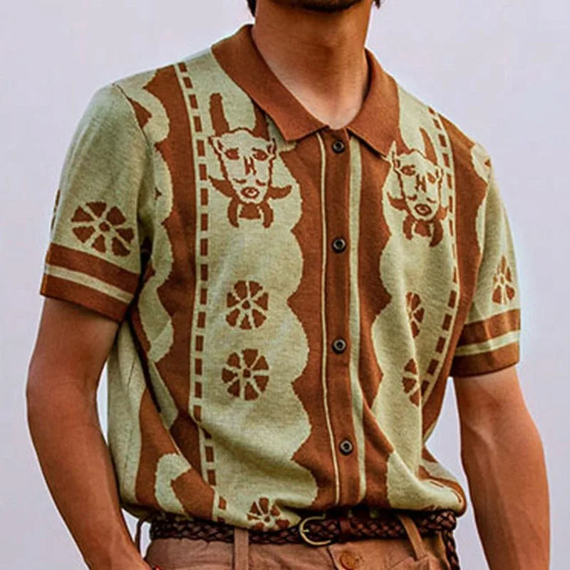 Men's Summer Casual Stripe Shirts Knitted Vintage British Breathable Patchwork Short Sleeve Jacquard Business Polo Shirt