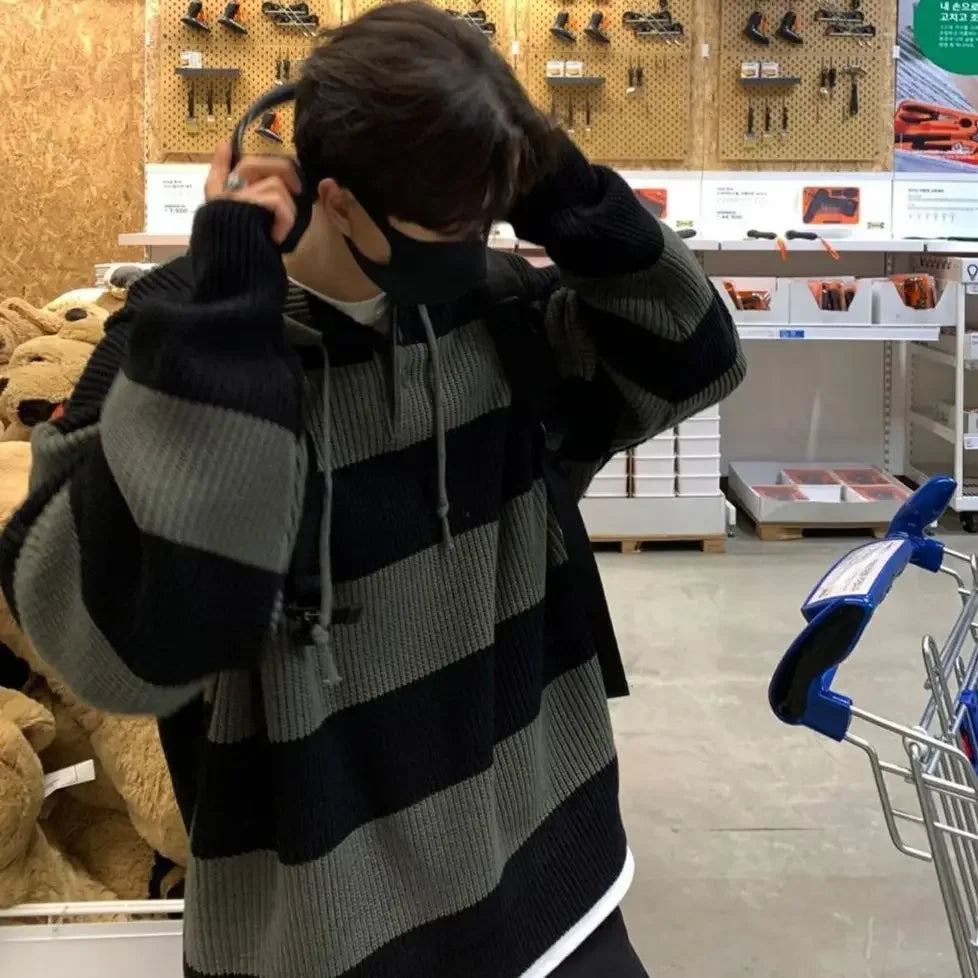 saferido Men's Clothing Pullovers Black Long Knit Sweater Male Striped Hoodies Over Fit Loose Thick Winter Spring Autumn Heated