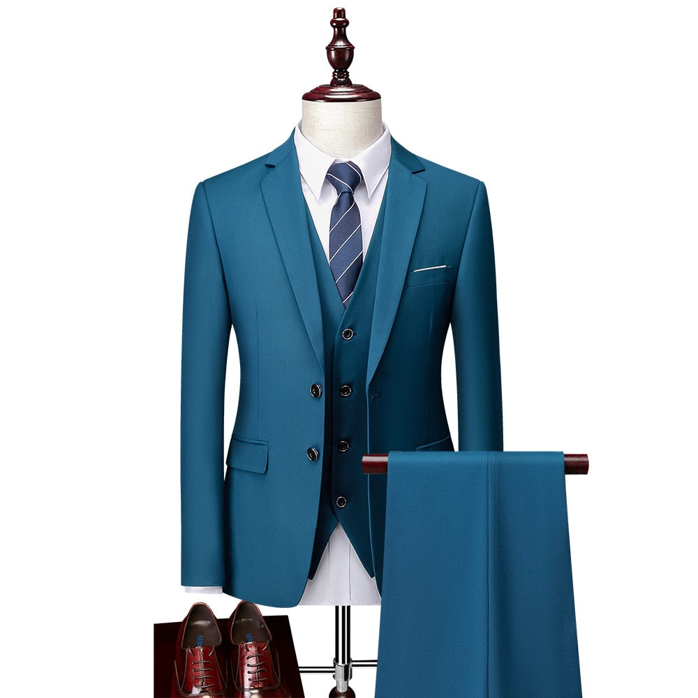 Men Slim Business Casual Suits Dress Three-piece Set Jacket Pants Vest / Male Wedding Groom Blazer Coat Trousers Waistcoat