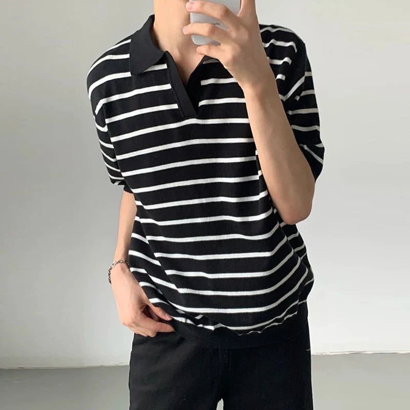 Summer Men's Clothing Light Luxury V Neck Knit Polo Shirt Korean Striped Short Sleeve Retro Fashion Leisure Slim Knitwear