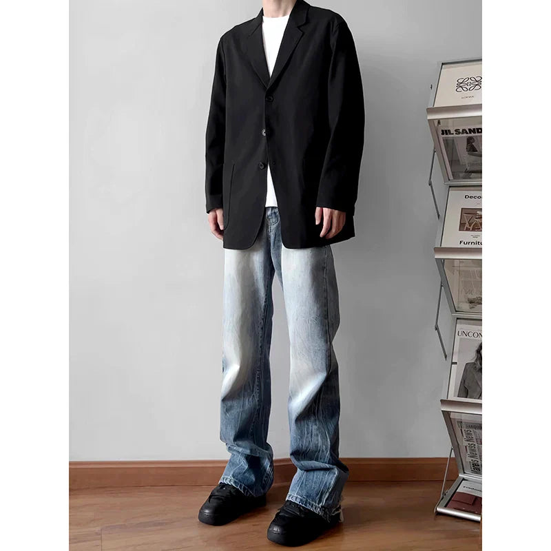 saferido Men's Korean Fashion Trend Streetwear Jeans High Street Blue/Black Denim Trousers Baggy Straight Casual Pants M-5XL