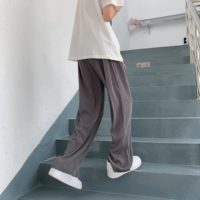 saferido Summer Pleated Pants Men Oversized Gray Black Casual Trousers Men Japanese Streetwear Loose Wide Leg Pants Mens Ice Silk Pants