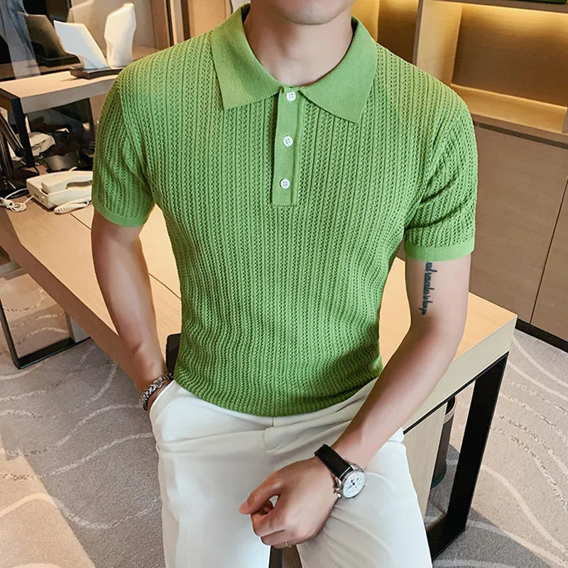 saferido British Style POLO Shirts Men Knitting Short Sleeve Shirts Solid Color Lapel Business Casual Top Summer Social Clothing 3XL