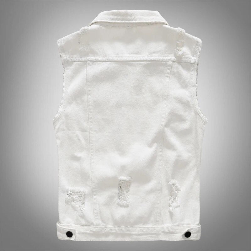 New Vintage Design Mens Denim Vests Retor Sleeveless Jackets Men Ripped Hole Jean Waistcoats Clothing jaqueta masculina