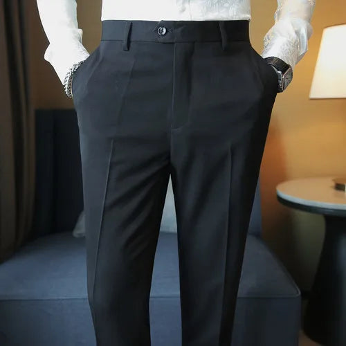 saferido Men Spring Summer Belt Decoration Casual Ankle Length Pants Fashion Slim Fit Suit Pants Streetwear Social Business Trousers