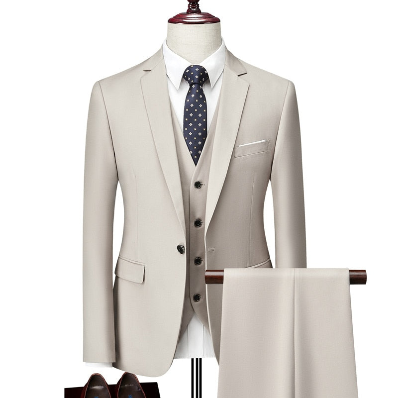 Men Slim Business Casual Suits Dress Three-piece Set Jacket Pants Vest / Male Wedding Groom Blazer Coat Trousers Waistcoat
