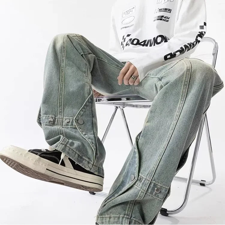 saferido Trendy Vintage Straight-leg Jeans Men's Fall/winter Style American Vibe Patchwork Pants Slim Fit Bootcut Bottoms For Men