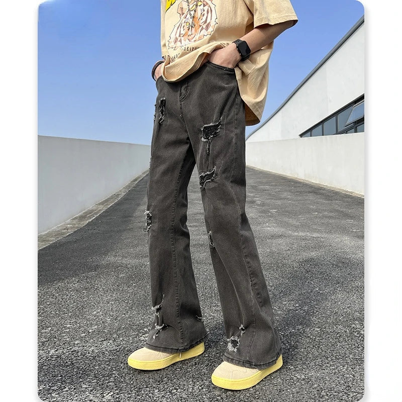 saferido American High Street Vibe Micro Flared Pants Men Stretch Ripped Jeans Loose Fashion Straight Streetwear Fall Guys Black Jean Men