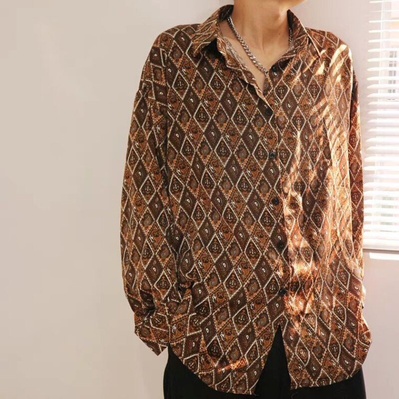 Men's Korean Vintage Floral Print Shirt Long Sleeve Button Loose Casual Hawaii Flower Shirt Snake Print Fashion Shirt for Men