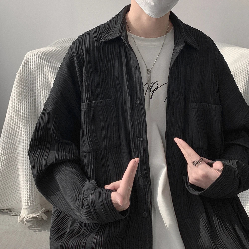 saferido Spring Black White Pleated Shiert Men Fashion Oversized Casual Shirt Men Korean Loose Pocket Long Sleeve Shirts Mens Dress Shirt