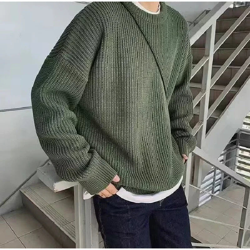 Solid Striped Sweater for Men Autumn Winter Casual O-neck Long Sleeve Pullovers Male Vintage All-match Knitted Jumpers Chic Tops