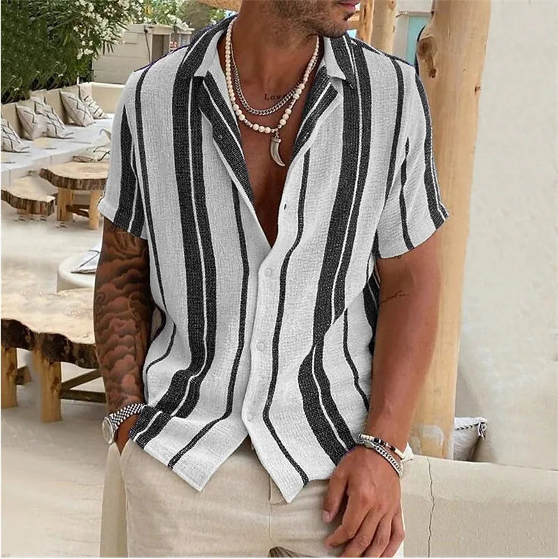 New Men's Slub Cotton Shirt Stripe Short Sleeve Collar Cardigan Summer Fashion Loose Oversize Shirts Top Streetwear Male