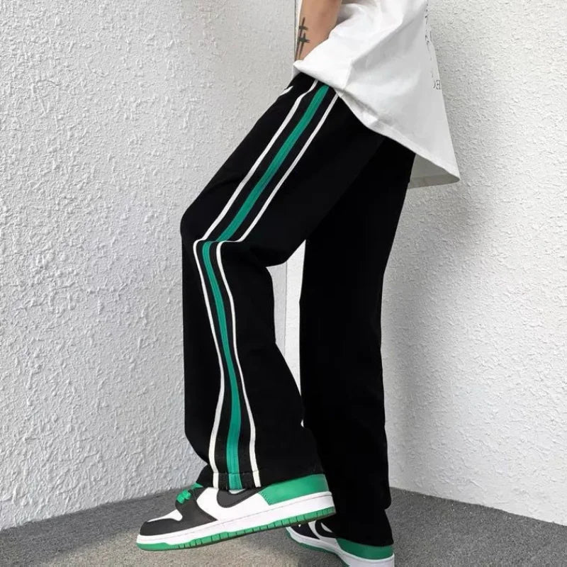 saferido Male Sweat Pants Black Sport Trousers Straight Sweatpants for Men Wide Leg Track Athletic Tracksuit Bottoms Korean Style Fashion