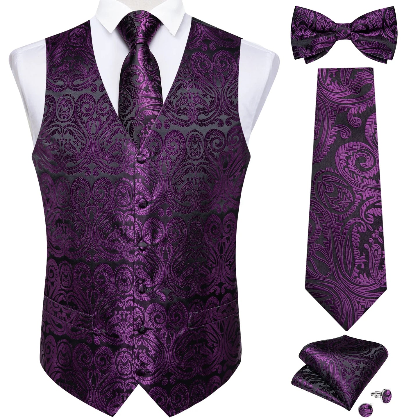 Men Black Paisley Vest Necktie Bowtie Pocket Square Cufflinks Dress Set Classic 5 PCS Business Waistcoat for Man