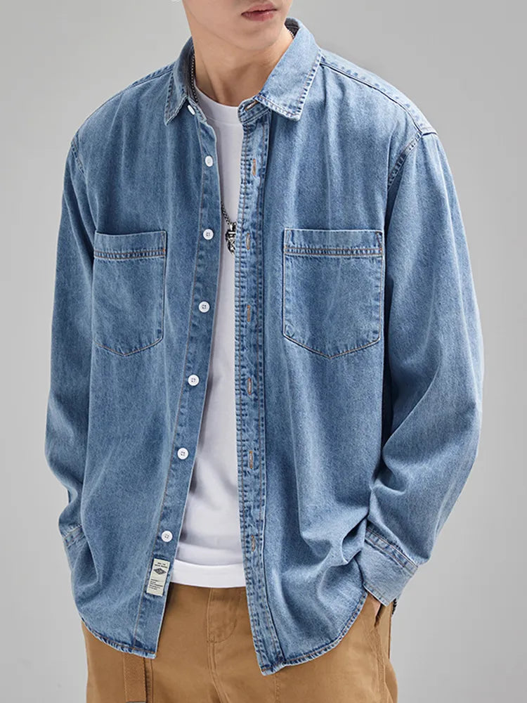Autumn New Denim Shirt Men Classic Casual Chest Pockets Soft Cotton Long Sleeve Cowboy Loose Blue Jeans Shirts