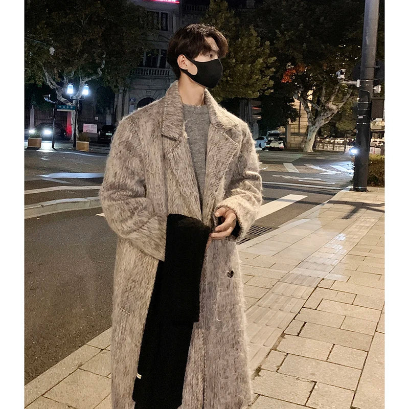 saferido Korean Style Medium-length Men's Trench Autumn Winter High Quality Loose Casual Woolen Coat Trendy Overcoat Khaki/Dark Gray