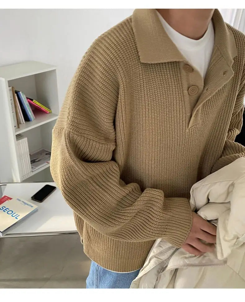saferido Spring Autumn Fashion Men's Cool Boys Casual Loose Lapel Tess Knitted Pullover Polot Hoodie Sweater Soft Buckle Warm